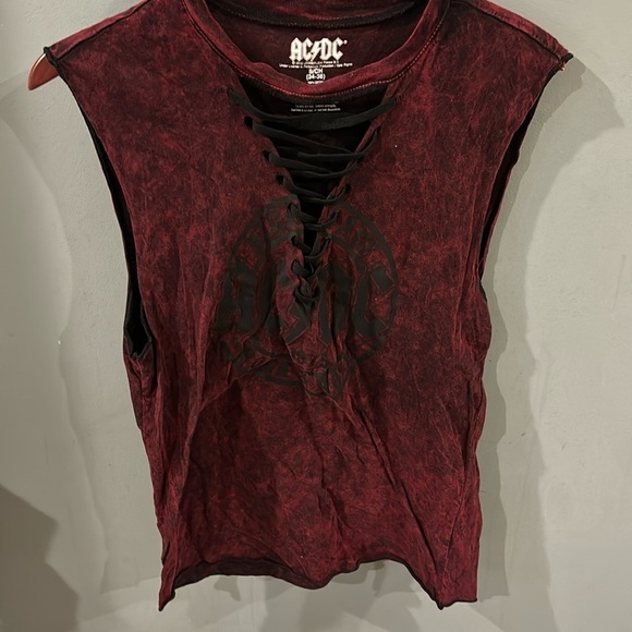 AC/DC sleeveless red muscle tee bleach dye effect s 34-36 - Picture 2 of 6